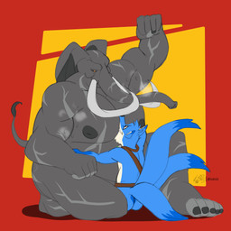 3_tails anthro armpit_fetish armpit_musk armpit_play belly belt big_belly big_power_bottom blue_body blue_fur blue_tail_tip bodily_fluids dipstick_tail duo eyewear feet fingers flexing fur goggles goggles_around_neck grey_body head_in_pecs implied_insertion larger_anthro larger_male larger_penetrated larger_sub looking_down looking_pleasured male male/male markings moob_play moob_smother moob_squeeze moob_squish moobs multi_tail muscular muscular_anthro muscular_male musk nipples nude obscured_penetration overweight overweight_anthro overweight_male pec_play pec_squeeze pecs penetration penile penile_penetration power_bottom raised_arm red_background scar seductive simple_background size_difference smaller_anthro smaller_male smaller_penetrated smile submissive sweat tail tail_markings toes tusks white_body white_fur yellow_background lsdxiii rivals_of_aether gilbert_(ss7xeno) loxodont canid canine elephant elephantid fox loxodon mammal proboscidean 1:1 2025 absurd_res alternate_version_at_source colored flat_colors hi_res