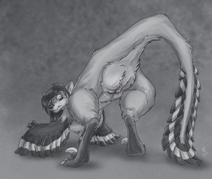 anthro ass_up breasts claws feathers female fur hair looking_back nipples rear_view sickle_claw simple_background solo split_form tail tail_feathers toe_claws flinters forefox dinosaur dromaeosaurid feathered_dinosaur feathered_scalie prehistoric_species reptile saurischian scalie theropod utahraptor hi_res