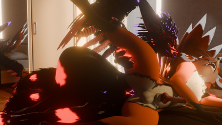 9_tails anal anal_penetration anthro anus bed bedroom_sex breasts curtains curtains_closed duo feathers furniture genitals glowing glowing_anus glowing_body glowing_eyes glowing_genitalia glowing_penis glowing_tail glowing_vulva herm holding_leg_up intersex intersex/male knot knotted_penis light lying male mirror mirror_reflection multi_tail nipples on_side penetration penis reflection sunlight tail vulva wardrobe wings kyuvulpes kyu_vulpes canid canine fox mammal rexouium 16:9 3d_(artwork) 4k absurd_res digital_media_(artwork) hi_res widescreen