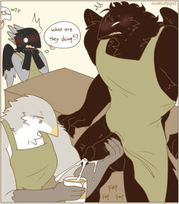 anthro anthro_on_anthro apron_aside arm_tuft balls being_watched biped black_balls black_penis black_wings blush bodily_fluids cheek_tuft chest_tuft cum cum_in_a_cup cum_in_container cumshot ejaculation embarrassed facial_tuft furniture genital_fluids genitals glans group hand_on_face handjob head_tuft humanoid_genitalia humanoid_penis inner_monologue interspecies kneeling leaning_on_table leg_tuft looking_at_another looking_down looking_down_at_genitalia looking_down_at_penis male male/male mostly_nude mostly_nude_anthro mostly_nude_male multicolored_body muscular muscular_anthro muscular_male neck_tuft onomatopoeia penile penis penis_milking plantigrade sex sharp_teeth shocked shoulder_tuft sound_effects sweat table teeth text thinking thought_bubble three-quarter_view tuft two_tone_body unprofessional_behavior wings lovebuffpg45 background_character avian 2024 artist_name digital_drawing_(artwork) digital_media_(artwork)