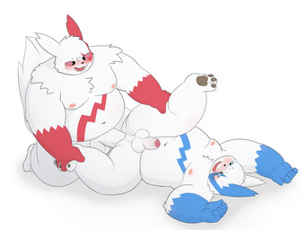 anal anthro belly big_belly blue_body blush duo genitals humanoid_genitalia humanoid_penis kemono male male/male moobs nipples overweight overweight_male penis penis_size_difference sex simple_background small_penis white_background white_body bashemista nintendo pokemon generation_3_pokemon pokemon_(species) shiny_pokemon zangoose 2026 4:3 absurd_res hi_res