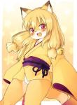 accessory anthro asian_clothing bell black_nose blonde_hair blush clothing east_asian_clothing eyebrows fangs female fundoshi fur hair hair_accessory hairband japanese_clothing kemono long_hair looking_at_viewer open_mouth panties pink_eyes solo standing teeth tongue underwear white_body white_clothing white_fur white_panties white_underwear yellow_body yellow_fur young young_anthro young_female yukata akitaka koko_(kishibe) canid canine fox mammal