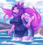 2019 4_fingers anthro bat beach belly breasts claws clothing day dripping ear_piercing female finger_claws fingers fish glistening hi_res hybrid legs_in_water looking_at_viewer love_handles mammal marine non-mammal_breasts one-piece_swimsuit open_mouth open_smile outside overweight overweight_anthro overweight_female partially_submerged piercing pinup pose sea seaside shark sharp_teeth slightly_chubby slime smile solo submerged_legs swimwear teeth tenta_(tentabat) tentabat thick_thighs translucent_tail water wet
