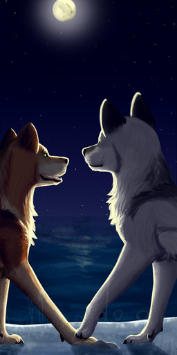 ambiguous_gender black_nose brown_body brown_fur detailed_background duo feral full_moon fur green_eyes grey_body grey_fur hand_holding moon night open_mouth outside paws pink_tongue sea sky snout star tongue water les-papillons wolves_of_the_beyond edme_macheath faolan_macduncan canid canine canis mammal wolf 2015 digital_media_(artwork) digital_painting_(artwork) hi_res painting_(artwork) shaded