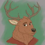 anthro antlers black_nose brown_body brown_eyes brown_fur clothing fur horn male red_clothing red_shirt red_topwear shirt solo topwear john_howl deer mammal 1:1 absurd_res headshot_portrait hi_res portrait