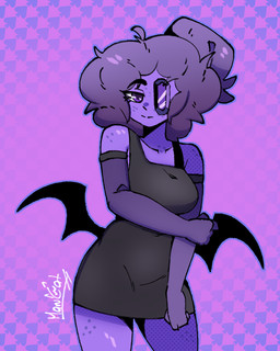 armwear bat_wings black_clothing black_dress clothing dress elbow_gloves female freckles fur gem gem_eyes gloves hair handwear looking_at_viewer membrane_(anatomy) membranous_wings pattern_background purple_background purple_body purple_eyes purple_fur purple_hair simple_background solo wings cristal harucat humanoid 4:5 hi_res
