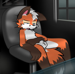 adolescent animal_genitalia anthro balls blue_eyes bodily_fluids casual_nudity chair dark_room fully_sheathed furniture genitals inside male multicolored_body nipples nude orange_body penis sheath sitting solo sweat sweatdrop window young young_anthro twotails canid canine fox mammal hi_res