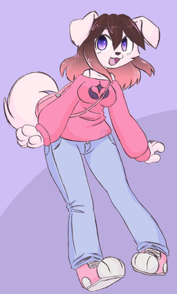 anthro backpack big_breasts bottomwear breasts brown_hair clothing denim denim_bottomwear denim_clothing fangs female floppy_ears footwear fur gradient_hair hair jeans multicolored_hair pants pigeon_toed pink_hair purple_background purple_eyes redesign shoes short_tail shoulder_bag simple_background sneakers solo sweater tail teeth topwear two_tone_hair white_body white_fur sinamuna lily_(sinamuna) canid canine canis domestic_dog mammal colored_sketch full-length_portrait hi_res portrait sketch