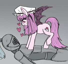 alternate_species armor bat_wings biped black_wings blush bodily_fluids clothed clothed_human clothed_male clothing cutie_mark dominant dominant_female dominant_feral duo eye_through_hair eyebrow_through_hair eyebrows eyelashes eyelashes_through_hair faceless_character faceless_human faceless_male female female_feral feral feralized fully_clothed fully_clothed_human fully_clothed_male fur furrification hair head_wings headgear headgear_only headwear headwear_only heart_reaction heart_symbol hearts_around_head looking_at_another looking_at_partner lying maid_headdress male male_human mane membrane_(anatomy) membranous_wings mostly_nude mostly_nude_female mostly_nude_feral nervous nervous_sweat on_back on_ground one_leg_up pink_blush pink_body pink_eyes pink_fur pink_mane pink_tail plate_armor plume pointy_ears ponification prick_ears pupils quadruped raised_leg side_view slim_female slim_feral slim_human slim_male slit_pupils smile smiling_at_another smiling_at_partner snout standing standing_on_another standing_on_partner sweat sweaty_face tail thick_eyelashes translucent translucent_hair unusual_wing_placement visor_helmet white_headdress wings 4chan_anon unknown_artist black_souls_(game) hasbro my_little_pony grimm_(black_souls) victoria_(black_souls) equid equine horse human mammal pony succubus 2023 digital_drawing_(artwork) digital_media_(artwork) english_description full-length_portrait portrait