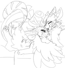 ankle_tuft anthro blush blush_lines cheek_tuft chest_tuft duo ear_markings eyes_closed facial_markings facial_tuft feather_hair feather_markings feathered_tail feathered_wings feathers female forehead_markings furniture head_lick head_markings head_on_chest head_on_lap holding_arm holding_cheek laying_on_another laying_on_lap leg_tuft looking_at_another lying lying_on_sofa male markings nose_markings on_front on_lap on_sofa pseudo_hair sitting sitting_on_sofa sofa speech_bubble striped_markings stripes tail tail_feathers tail_markings tuft wings rukiiuu_(artist) eili_(k'braid) rukiiuu avali monochrome sketch