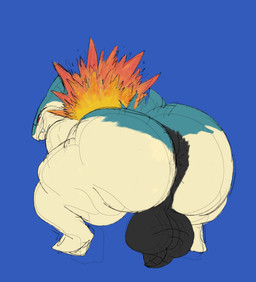 anthro anus balls big_anus big_balls big_butt black_anus black_balls blue_background blue_body butt crouching fangs fur genitals grin huge_anus huge_balls huge_butt hunched_over male multicolored_body multicolored_fur red_eyes simple_background smile smug smug_grin solo teeth two_tone_body two_tone_fur yellow_body nauiho nintendo pokemon generation_2_pokemon pokemon_(species) typhlosion 2026 digital_drawing_(artwork) digital_media_(artwork) hi_res