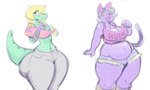 ahoge alligator alligatorid angstrom anthro belly big_breasts big_butt biped black_hair blonde_hair bottom_heavy bottomwear bra_strap bratty_(undertale) breast_size_difference breasts bubble_butt butt butt_size_difference catty_(undertale) cheek_spots cleavage clothed clothing crocodilian crop_top cute_fangs cutoffs denim denim_bottomwear denim_clothing digital_media_(artwork) domestic_cat drill_curls duo felid feline felis female green_body hair hi_res huge_butt huge_hips hyper hyper_hips jeans looking_at_viewer mammal midriff navel one_fang open_mouth open_smile pants pink_nose pose purple_body reptile scalie shirt short_hair shorts simple_background slightly_chubby slightly_chubby_anthro slightly_chubby_female small_breasts small_waist smile spikes spikes_(anatomy) standing tail text text_on_clothing text_on_crop_top text_on_shirt text_on_topwear thick_tail thick_thighs three-quarter_view topwear undertale undertale_(series) white_background wide_hips