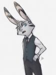 anthro biped black_stripes bottomwear buckteeth clothed clothing ear_markings facial_markings fully_clothed fur grey_body grey_fur head_markings head_tuft looking_at_viewer markings necktie open_mouth pants shirt solo stripes teeth topwear tuft marema_kishin disney zootopia jack_savage lagomorph leporid mammal rabbit 2019 3:4 hi_res