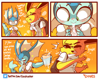 4_fingers backpack beverage black_eyebrows blue_body blue_fur blue_tail blush bodily_fluids bottomwear clothed clothing dialogue disgust duo ear_fins exclamation_point eyebrows eyelashes female fin fingers fur furgonomics green_eyes holding_beverage holding_object long_ears long_tail male necktie saliva shirt simple_background skirt sweat t-shirt tail tail_through_skirt text thick_tail topwear twitter_logo yellow_background yellow_body yellow_ears yellow_fur diives nintendo pokemon twitter fan_character joltee_(diives) vapee_(diives) canid eeveelution generation_1_pokemon jolteon mammal pokemon_(species) vaporeon 5:4 comic digital_media_(artwork) english_text hi_res url