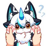 4_ears :< ambiguous_gender anthro black_body black_ears black_fur blue_horn blue_inner_ear blue_markings cetacean chest_tuft chibi countershading daww duo feet first_person_view foot_focus fur furred_cetacean hair hefeng_character hi_res horn human kemono looking_at_viewer mammal marine markings multi_ear multicolored_ears pawpads pink_nose pink_pawpads question_mark simple_background tuft two_tone_ears white_background white_body white_countershading white_fur white_hair windbiom yellow_eyes