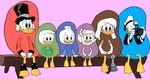 anthro candy clothing costume dessert female food food_costume group jelly_bean male simple_background sitting kigtoons disney ducktales ducktales_(2017) della della_duck dewey_duck donald_duck louie_duck scrooge_mcduck webby_vanderquack anatid anseriform avian bird duck hi_res