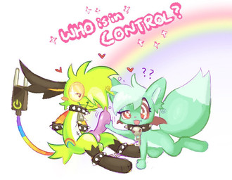 animal_genitalia animal_penis anthro bangs bracelet collar duo fur genitals glistening_eyelids green_body green_fur green_hair hair heart_symbol hypnosis jewelry leg_markings long_ears male markings mind_control penis plushie questionable_consent rainbow restrained restraints ringed_eyes socks_(marking) sparklefur spiked_bracelet spiked_collar spikes spiral stitch_(sewing) superflat text clockstops3am conditional_dnp fan_character animate_inanimate canid living_plushie mammal colorful_theme english_text