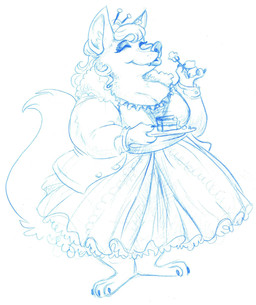 anthro big_breasts breasts cake clothed clothing cutlery dessert dress eyes_closed female food fork fur happy kitchen_utensils simple_background slightly_chubby solo tools white_background unknown_artist disney zootopia aurelina_canidae canid canine canis mammal wolf hi_res