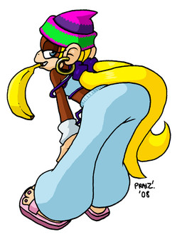 alternative_fashion amekaji blonde_hair blue_eyes butt clothing ear_piercing ear_ring female footwear ganguro_(fashion) gyaru hair hoop_ear_ring j-fashion looking_at_viewer midriff piercing pigtails ring_piercing sandals shoes solo y2k_(fashion) praiz donkey_kong_(series) nintendo tiny_kong haplorhine kong mammal monkey primate 2008