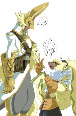 anthro armor autograph blonde_hair character_signature clothing curled_tail duo evolutionary_family fluffy fluffy_chest gauntlets gloves hair handwear headgear helmet long_ears male orange_eyes ponytail_ears tail yellow_eyes portugueselynx bandai_namco digimon animal_humanoid diarbbitmon digimon_(species) humanoid lagomorph lagomorph_humanoid leporid leporid_humanoid mammal mammal_humanoid rabbit rabbit_humanoid symbareangoramon hi_res