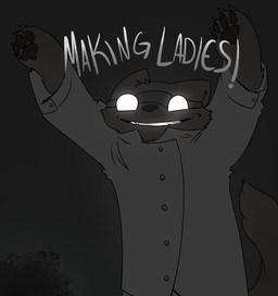 4_fingers anthro arms_above_head biped black_nose black_pawpads brown_body brown_fur claws clothed clothing coat dark darkness eyewear fingers flower front_view fully_clothed fur glistening goggles grey_background grin jacket lab_coat male pawpads paws plant raised_arm science simple_background smile solo standing tail text toony topwear syynx domestic_cat felid feline felis mammal 2011 english_text hi_res