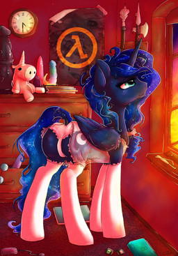 anal_beads axe blue_body blue_eyes blue_feathers blue_fur blue_hair clock clothing cutie_mark dildo dock_(anatomy) doll feathered_wings feathers female feral fur green_eyes hair horn inside legwear lingerie looking_up melee_weapon panties poster sex_toy sex_toy_background smile solo stockings tail thigh_highs translucent translucent_clothing underwear weapon wings dimwitdog friendship_is_magic half-life hasbro my_little_pony mythology valve valve_corporation balloonicorn_(tf2) princess_luna_(mlp) equid equine mammal mythological_creature mythological_equine winged_unicorn 2013 absurd_res crossover hi_res