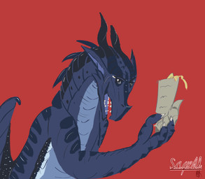 ambiguous_gender black_body black_eyes fangs feral folded_wings looking_at_viewer male male/ambiguous markings open_mouth paper scroll simple_background simple_coloring teeth wings sayeth european_mythology mythology wings_of_fire darkstalker_(wof) dragon hybrid_(wof) mythological_creature mythological_scalie nightwing_(wof) scalie western_dragon shaded simple_shading