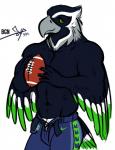 abs american_football anthro athletic ball beak belt biceps big_muscles black_body bottomwear clothed clothing feathers green_body green_eyes grey_body gridiron_ball holding_ball holding_object looking_at_viewer male mascot muscular muscular_anthro muscular_male open_bottomwear open_clothing open_pants pants pecs pose simple_background smile solo sport topless underwear white_background white_body bgn nfl nike seattle_seahawks starbucks blitz_the_seahawk accipitriform avian bird osprey 2015 digital_media_(artwork)