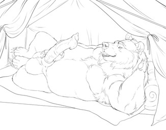 5_fingers 5_toes anatomically_correct anatomically_correct_genitalia anatomically_correct_penis animal_genitalia animal_penis anthro aroused balls bedding belly big_balls big_belly big_penis biped blanket camping_tent claws crotch_tuft detailed_background erection eyebrows featureless_crotch feet finger_claws fingers fluffy fur furniture genitals hair hand_behind_head hand_behind_own_head hand_on_belly handpaw inside_tent long_penis looking_at_viewer lying male male_anthro mane mane_hair nude nude_anthro nude_male on_back on_ground on_pillow open_mouth overweight overweight_anthro overweight_male paws penis pillow plantigrade presenting presenting_crotch presenting_penis rear_view seductive sharp_teeth sheath sheath_slit short_ears short_fur slightly_chubby slightly_chubby_anthro slightly_chubby_male small_ears snout solo teeth tent thick_penis three-quarter_view toe_claws toes tongue tuft ursine_ears ursine_genitalia ursine_penis vein veiny_penis chubchow kuruk_(character) bear brown_bear grizzly_bear mammal ursidae ursine 2026 absurd_res digital_drawing_(artwork) digital_media_(artwork) hi_res monochrome sketch