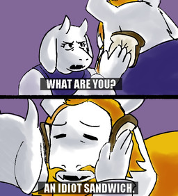 anthro beard bread duo eyes_closed facial_hair female food fur horn humor male mature_anthro mature_female mature_male parody text white_body white_fur beebscribbles idiot_sandwich undertale undertale_(series) asgore_dreemurr toriel boss_monster_(undertale) bovid caprine mammal 2015 digital_media_(artwork) english_text