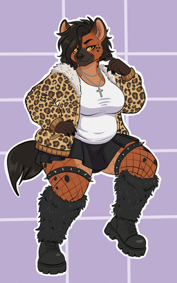 alternative_fashion anthro black_hair boots clothed clothed_anthro clothing combat_boots cross cross_necklace female footwear fur goth hair jewelry legband legwear markings necklace shoes simple_background slightly_chubby solo spiked_legband spikes spots spotted_body spotted_fur topwear y2k_(fashion) meowscapade hyena mammal absurd_res hi_res