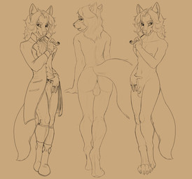 anthro anus areola backsack balls biped boots bottomwear butt claws clothed clothing coat digitigrade eyebrows flaccid fluffy fluffy_tail footwear foreskin front_view genitals glans gloves handwear holding_object holding_smoking_pipe humanoid_genitalia humanoid_penis looking_at_viewer looking_back looking_back_at_viewer male nipples nude pants penis rear_view ring shoes simple_background small_penis smoking_pipe solo standing tail toe_claws topwear bruno_hirschkoff canid canine fox mammal 2025 absurd_res hi_res monochrome multiple_images sketch