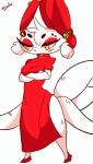 2d_animation 4:7 4_tails animated anthro asian_clothing biped black_eyebrows bouncing_breasts breasts chinese_clothing chinese_dress clothing crossed_arms dress east_asian_clothing eyebrows eyelashes female frame_by_frame fur lagomorph leporid long_ears long_tail looking_away mammal miantiao_(diives) multi_tail pelvic_curtain rabbit red_ears sevani short_playtime simple_background solo standing tail white_background white_body white_fur white_tail xingzuo_temple