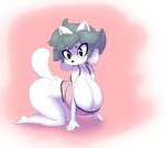 all_fours anthro big_breasts bottomless breasts clothed clothing female glistening glistening_eyes grey_hair hair huge_breasts kneeling multi_ear pink_background shirt simple_background solo tank_top topwear white_body bit-small undertale undertale_(series) temmie_(undertale) canid canine felid feline mammal tem colored hi_res