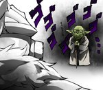 black_eyes clothing duo green_body green_skin grey_clothing grey_robe humanoid_pointy_ears looking_at_another monotone_body monotone_skin narrowed_eyes not_furry pointy_ears purple_text robe standing text shoujodon goblin_slayer menacing_(meme) star_wars goblin_slayer_(character) yoda alien alien_humanoid humanoid yoda's_species japanese_text meme