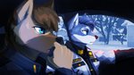 anthro blue_body blue_eyes blue_fur brown_body brown_fur car clothing duo electronics female fur inside_car multicolored_body multicolored_fur police police_uniform radio snow uniform vehicle white_body white_fur gasmaskfox gretta_(gasmaskfox) ludmila_(gasmaskfox) canid canine canis domestic_dog german_shepherd herding_dog husky mammal nordic_sled_dog pastoral_dog spitz