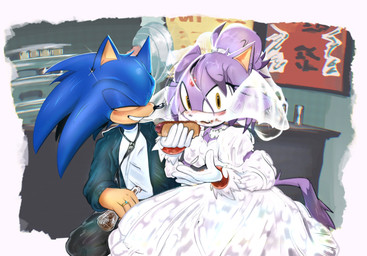 anthro blush chilidog clothing digit_ring dress duo eating eyes_closed female food hair_up hero jewelry loose_tie male male/female princess ring royalty smile suit veil wedding wedding_dress wedding_ring wedding_veil yellow_eyes splatkitty sega sonic_the_hedgehog_(series) blaze_the_cat sonic_the_hedgehog domestic_cat eulipotyphlan felid feline felis hedgehog mammal hi_res