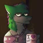 anthro chest_tuft clothed clothing container cup femboy frown fur green_body green_fur grumpy hair heart_symbol holding_container holding_cup holding_object looking_at_viewer male multicolored_body multicolored_fur simple_background solo text tired tuft white_body white_fur nicoles vaptvulpe mel_lancia sergal 1:1 2017 digital_media_(artwork) english_text hi_res portrait