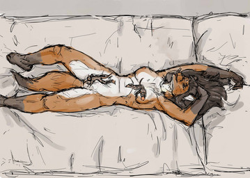 anthro breasts brown_hair extreme_size_difference female fur furniture genitals group hair inside long_hair lying macro male male/female micro nipples nude nude_female on_back orange_body orange_fur orange_tail size_difference sofa tail trio vulva white_body white_fur jeri_kleinlowe canid canine fox mammal mouse murid murine rodent 2012 colored guide_lines