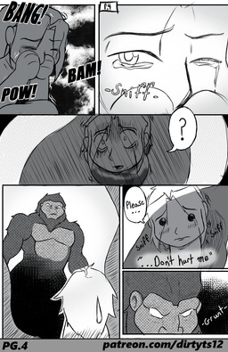 action_scene age_difference anthro attack bodily_fluids clothing covering covering_face female feral fur hiding horror_(theme) looking_up male open_mouth scared size_difference smaller_female tears text young younger_female dirtyt's human humanoid mammal sasquatch comic english_text hi_res