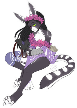 3_toes 4_fingers anthro armor black_hair cheek_tuft clothed clothing countershading dreadlocks eyebrows eyelashes facial_tuft feet female fingers fluffy fluffy_tail garland gauntlets gloves hair handwear heterochromia legband long_ears mask shawl simple_background sitting solo stripes tail toes tuft white_background kittydee ky'lar_tarrez felid feline hybrid mammal monster tynx 2019 digital_media_(artwork) hi_res