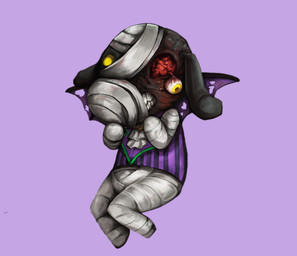bandage bandage_head black_body black_skin brain clothing eye_socket eyeball gore nightmare_fuel organs shirt simple_background solo topwear wings yellow_eyes jckoffinthebox animal_crossing nintendo lucky_(animal_crossing) canid canine mammal mummy undead zombie absurd_res hi_res