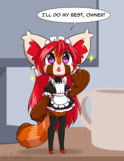 anthro apron biped black_clothing black_dress black_legwear black_stockings blue_eyes brown_body chibi clothed clothing dialogue dress eyebrows female fist front_view hair inner_ear_fluff legwear long_hair maid_headdress maid_uniform markings open_mouth pink_nose red_hair ring_(marking) ringed_tail solo sparkles speech_bubble standing stockings striped_markings striped_tail stripes tail tail_markings text thigh_highs tuft uniform white_apron white_clothing white_ears malachyte ailurid mammal red_panda 2021 clip_studio_paint_(artwork) digital_media_(artwork) english_text hi_res