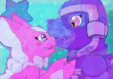 armor claws duo fangs female frill_(anatomy) headgear helmet male teeth yogurtpubes bandai_namco digimon commandramon digimon_(species) elizamon absurd_res hi_res