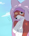 anthro black_eyes breasts cloud exposed_breasts female fur nude one_eye_closed outside red_body red_fur solo wink foontanu disney robin_hood_(disney) maid_marian canid canine fox mammal hi_res sketch