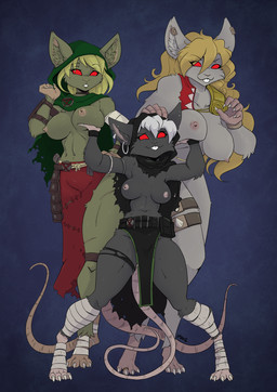 anthro armor bandage big_breasts black_body black_fur blonde_hair bottomwear breast_grab breast_size_difference breasts buckteeth clothing ear_piercing ear_ring ears_through_hood female female/female fur grey_body grey_fur group hair hand_on_breast hood hoop_ear_ring loincloth nipples piercing red_eyes ring_piercing size_difference small_breasts standing tail teeth trio vambrace white_hair yawg warhammer_(franchise) riskett_(kodiakmight) shadowveil_smallcup snipe_(gamegod210) mammal murid murine rat rodent skaven 2026 hi_res