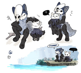 alternate_species ambiguous_gender anthro biped black_body black_eyes black_fur black_nose cheek_tuft cloak clothed clothing duo ellipsis empty_eyes eyes_closed facial_tuft fluffy fluffy_tail fur headpat holding_another inner_ear_fluff lake larger_ambiguous mask melee_weapon mouth_closed pawpads paws plant question_mark sitting size_difference smaller_ambiguous speech_bubble tail tuft water weapon weapon_on_back weapon_on_ground white_body white_fur aaasakawa hollow_knight_(franchise) team_cherry quirrel_(hollow_knight) the_knight_(hollow_knight) canid canine mammal 2026 hi_res