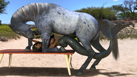 anthro balls bestiality blue_eyes breasts duo female feral furniture genitals lying male male/female nude on_back open_mouth penetration penis plant sand sky split_form table tree zeldax-fox aquatic equid equine horse mammal merfolk 16:9 3d_(artwork) digital_media_(artwork) widescreen