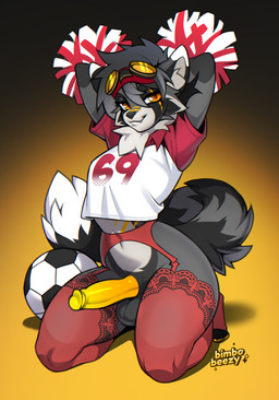 anthro ball balls big_butt butt cheerleader cheerleader_outfit clothing erection femboy fur garter_belt garter_straps genitals hair huge_butt humanoid_genitalia humanoid_penis legwear lingerie looking_at_viewer looking_back male penis pom_poms simple_background smile soccer_ball solo stockings tail thick_thighs thigh_highs topwear underwear wide_hips mohnot shanukk mammal procyonid raccoon digital_media_(artwork) hi_res