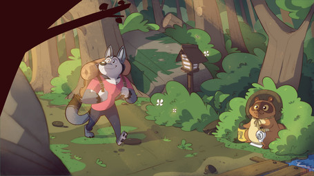 anthro backpack bottomwear brown_body clothing detailed_background fur grey_body grey_fur male outside pants plant sculpture shirt statue topwear tree bennycartoonist canid canine canis mammal raccoon_dog tanuki wolf 2020 absurd_res hi_res